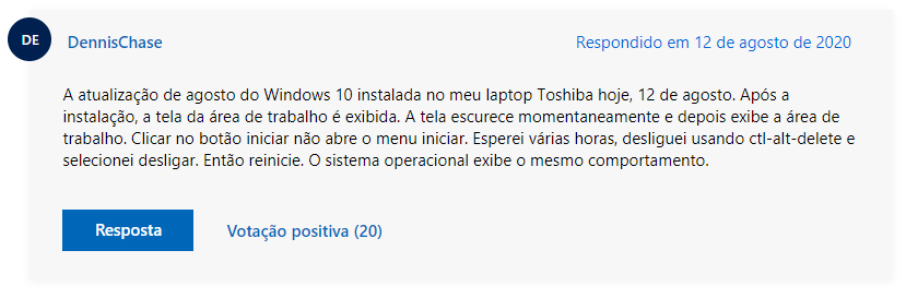 Imagem de: Atualização do Windows 10 de agosto de 2020 tem erros críticos