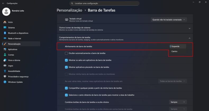 Mudando o alinhamento da barra de tarefas no Windows 11