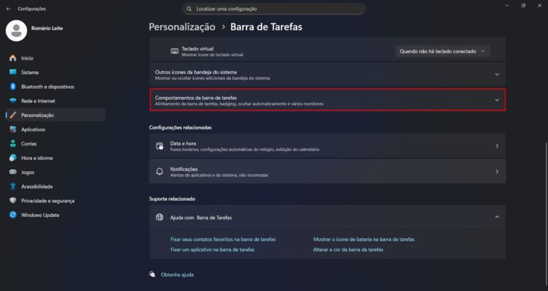 Personalização da barra de tarefas do Windows 11