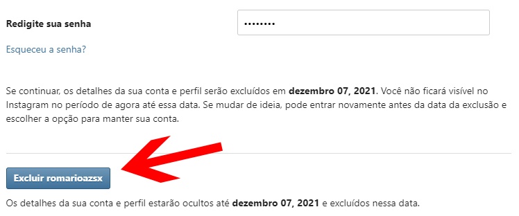 Botão Excluir conta do Instagram