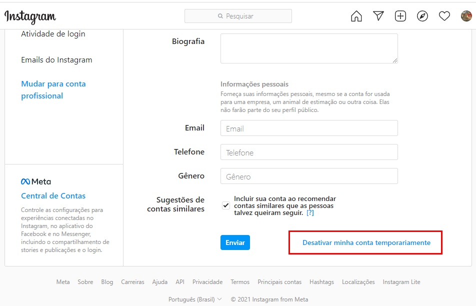 Desativar minha conta temporariamente