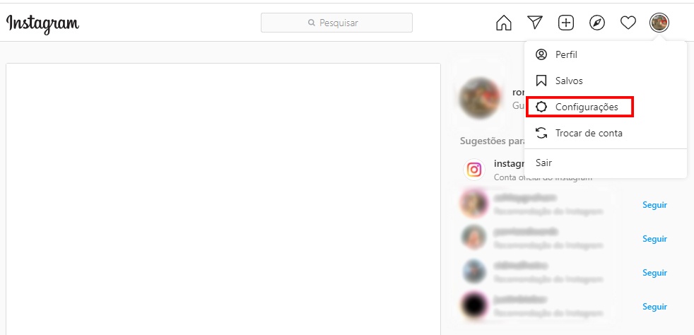 Menu Configurações do Instagram