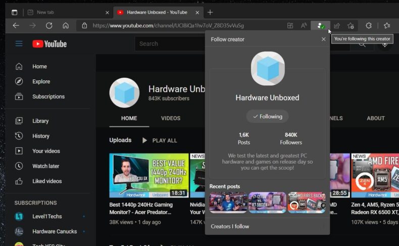 Microsoft-Edge YouTube Menu Seguindo