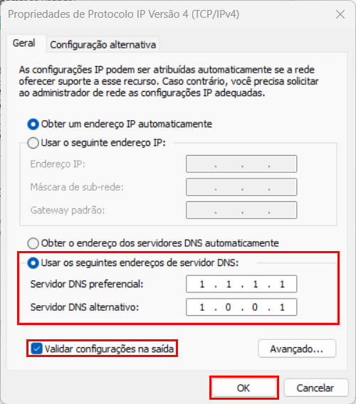 Propriedades de Procolo IP Versão 4 (TCP-IPv4) - Usando o DNS CloudFlare no Windows 11