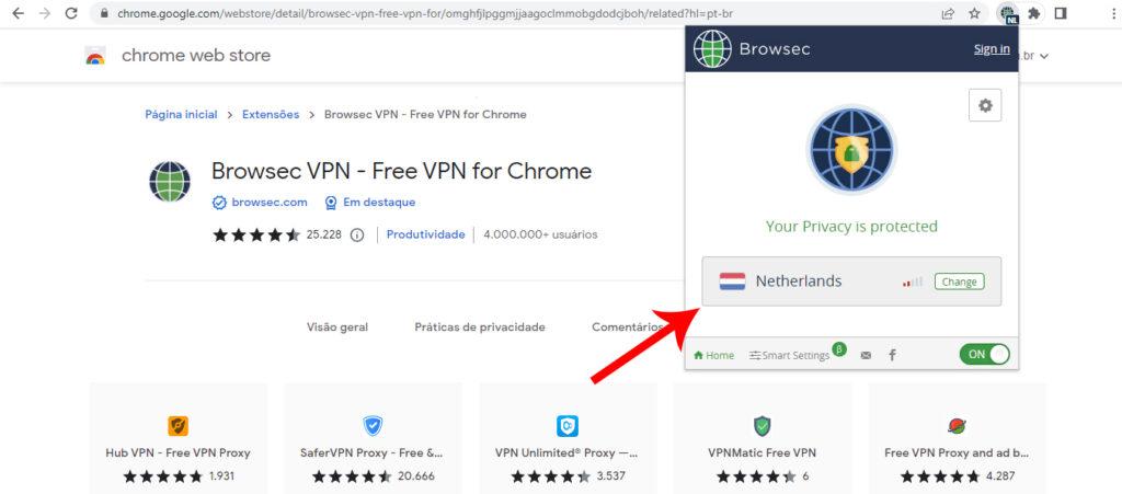 Escolher país no Browsec VPN