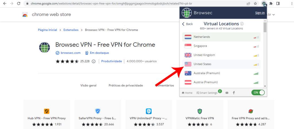 Extensão Browsec VPN United States