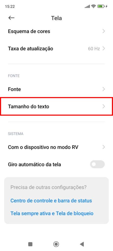 Android seção Tela / Visor