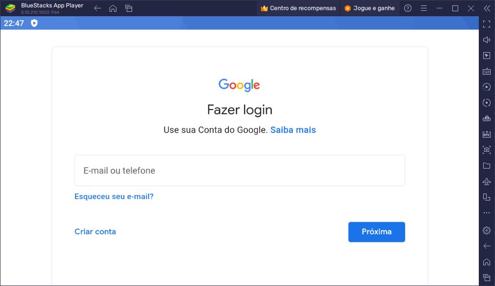 Criar conta Google no BlueStacks