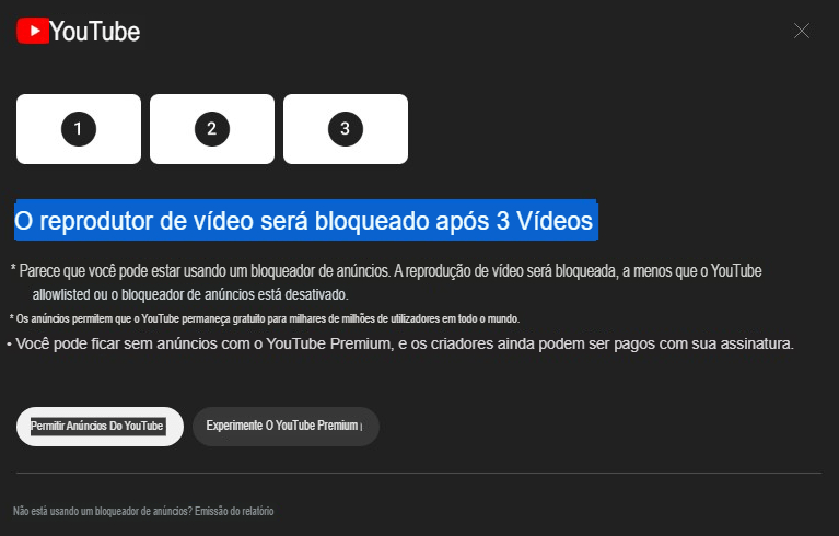 Aviso do YouTube contra bloqueadores de anúncios