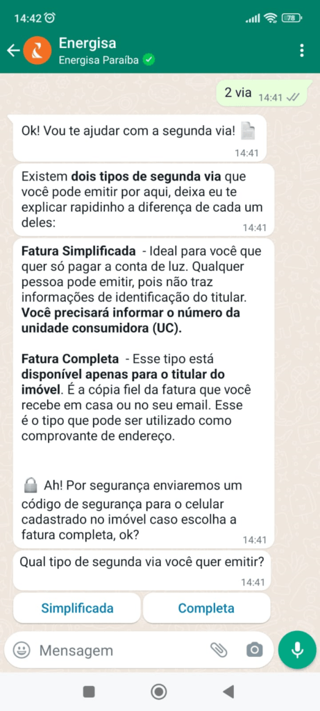 Energisa 2ª via WhatsApp