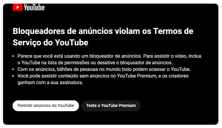 Aviso do YouTube para Bloqueadores de Anúncios