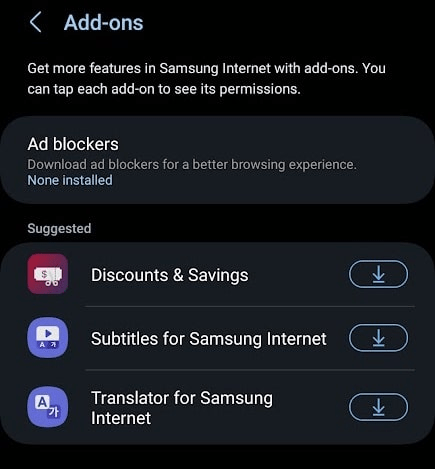 Samsung Internet Browser - Extensões