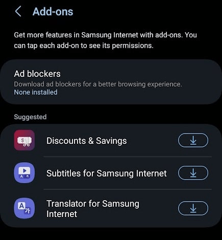 Samsung Internet Browser Extensões