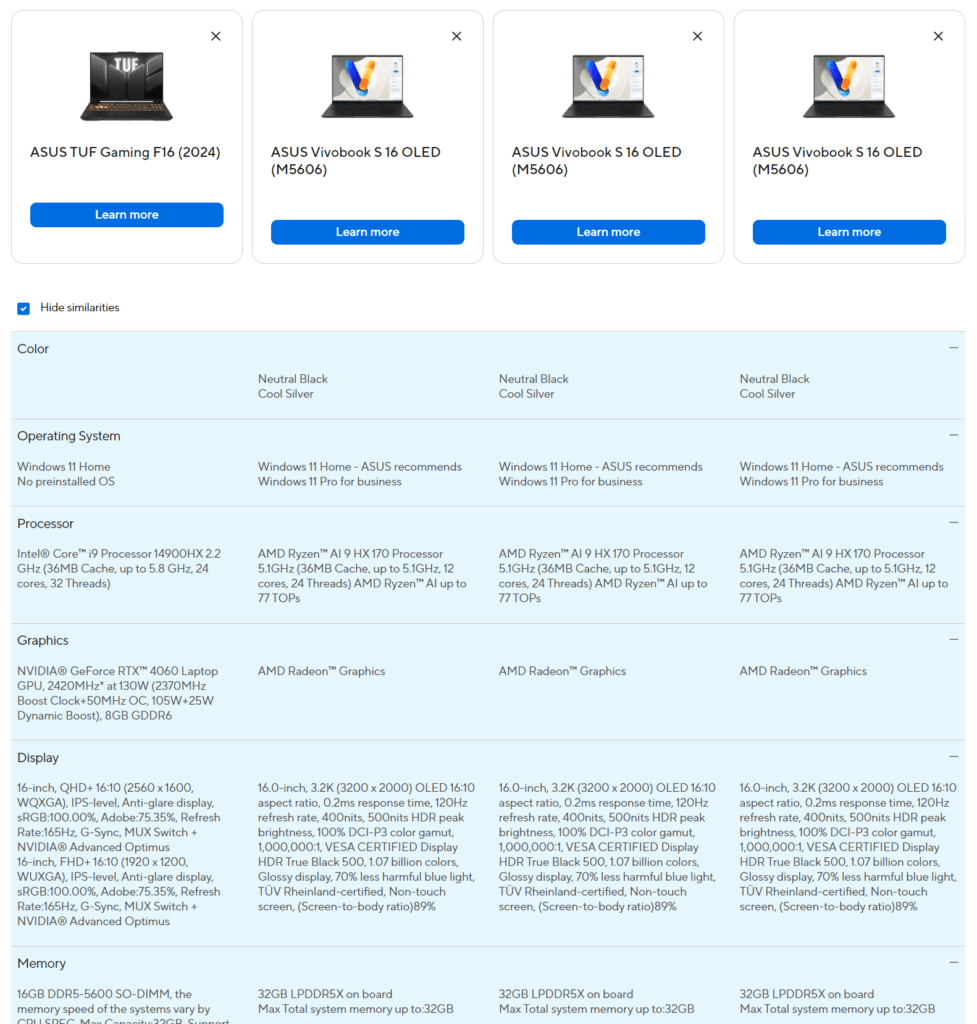 Especificações do ASUS Vivobook S