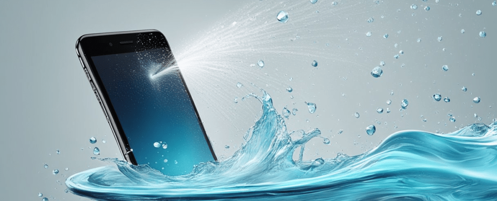 Água ejetada do iPhone, retratada com linhas de movimento e gotas no ar. Dispositivo mantido em um ângulo, com água espirrando para fora.