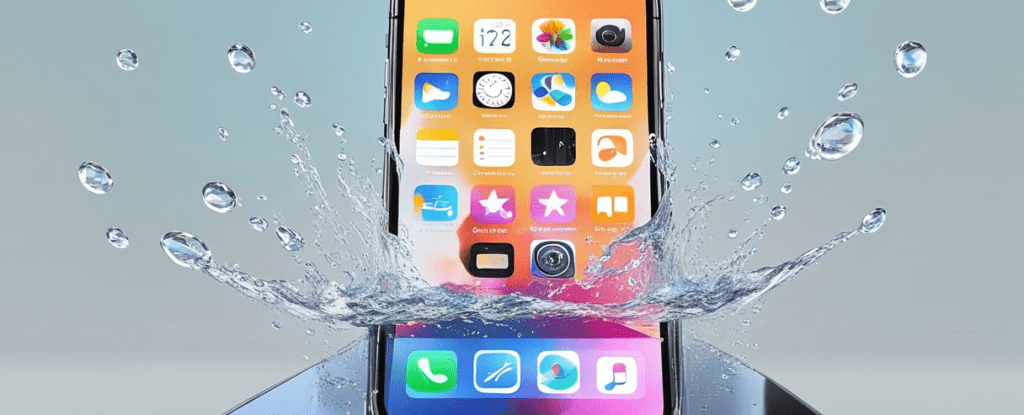 Um iPhone colocado sobre uma superfície plana com gotas de água sendo ejetadas das portas do dispositivo.