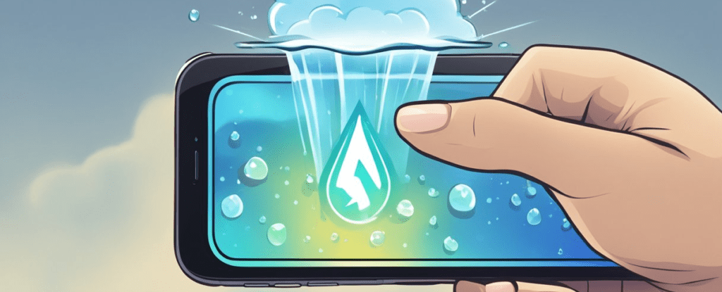 Uma mão segurando um iPhone com gotas de água na tela. Um ícone de raio aparece com o texto 'Atalho para ejetar água do iPhone' exibido na tela.