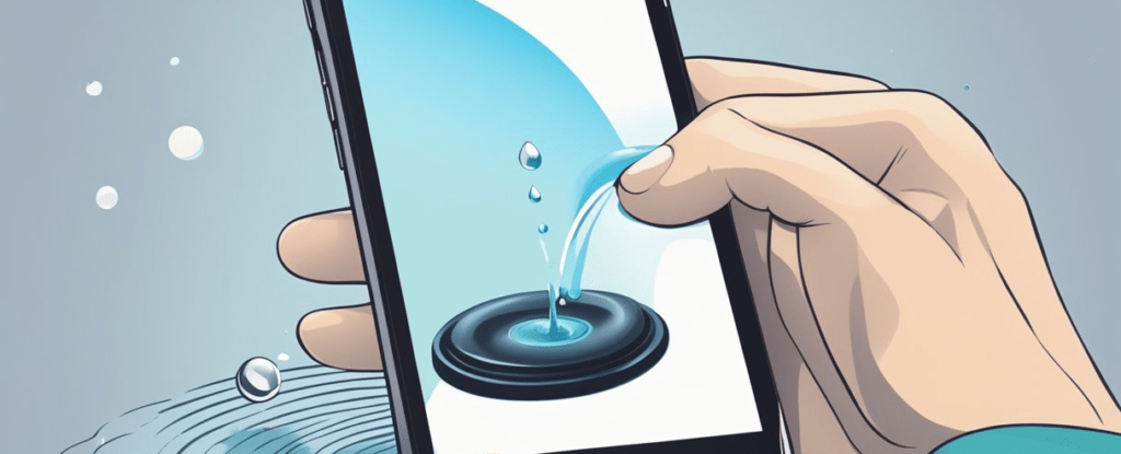 Uma mão segurando um iPhone com um ícone de gota d'água e um botão de atalho para ejetar água.