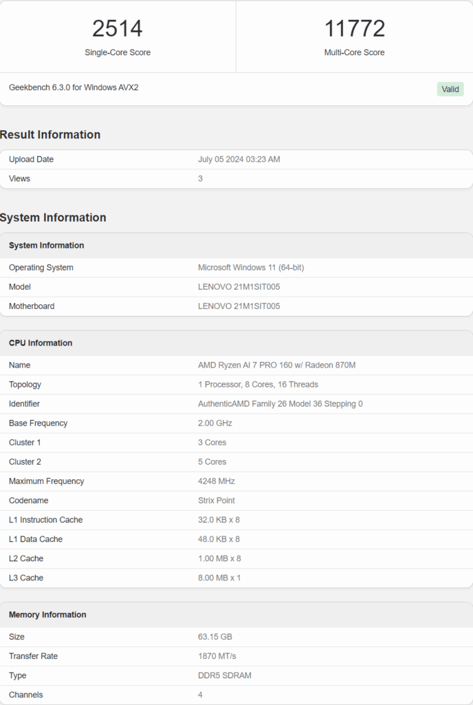 AMD Ryzen AI 7 PRO 160 8 Core APU Zen 5 Zen 5C Cores