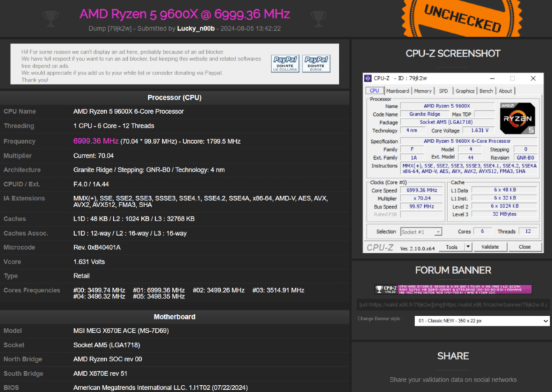 AMD 9600X 7 GHz Overclock