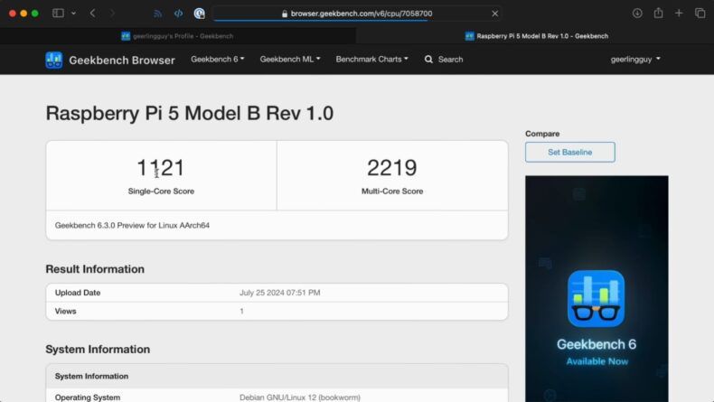 Jeff Raspberry Pi 5 Geekbench 3.4GHz