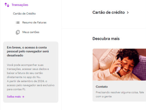 NuBank informa que desativará o acesso à conta pessoal pelo navegador.