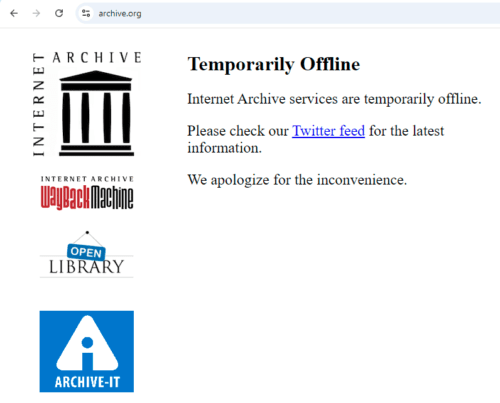 Captura de tela do site Archive.org offline