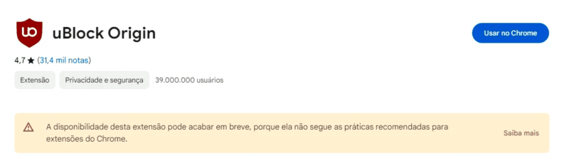 Aviso do Google Sobre a Extensão uBlock Origin