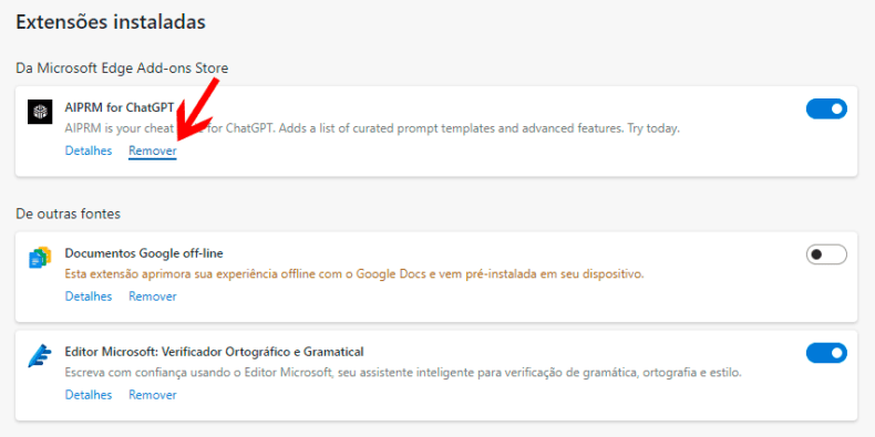 Microsoft Edge - Extensões instaladas