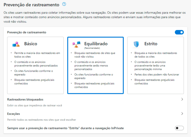 Microsoft Edge - Prevenção de rastreamento