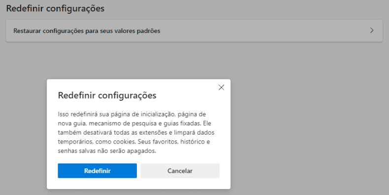 Microsoft Edge - Redefinir configurações