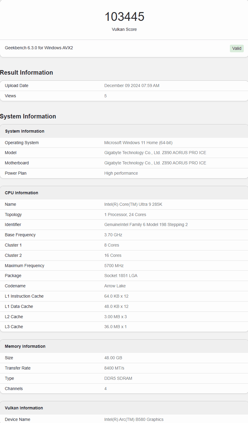 Intel Arc B580 Vulkan API Benchmark