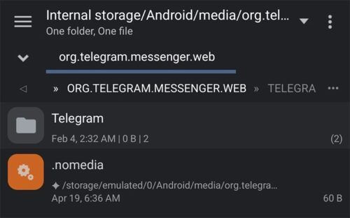 Pasta do app Telegram no Android