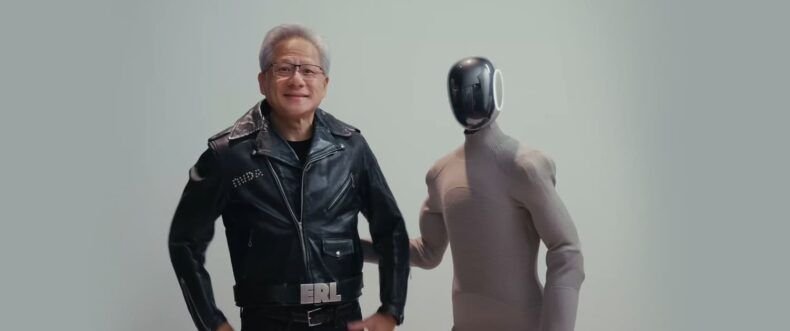 Imagem de: Jensen Huang ganha jaqueta de couro de um Robô Humanoide