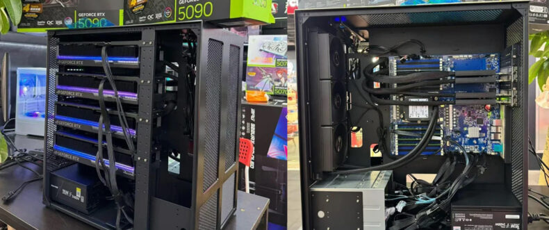 Imagem de: Usuário monta PC com quatro GPUs RTX 5090 e duas fontes de 2400W