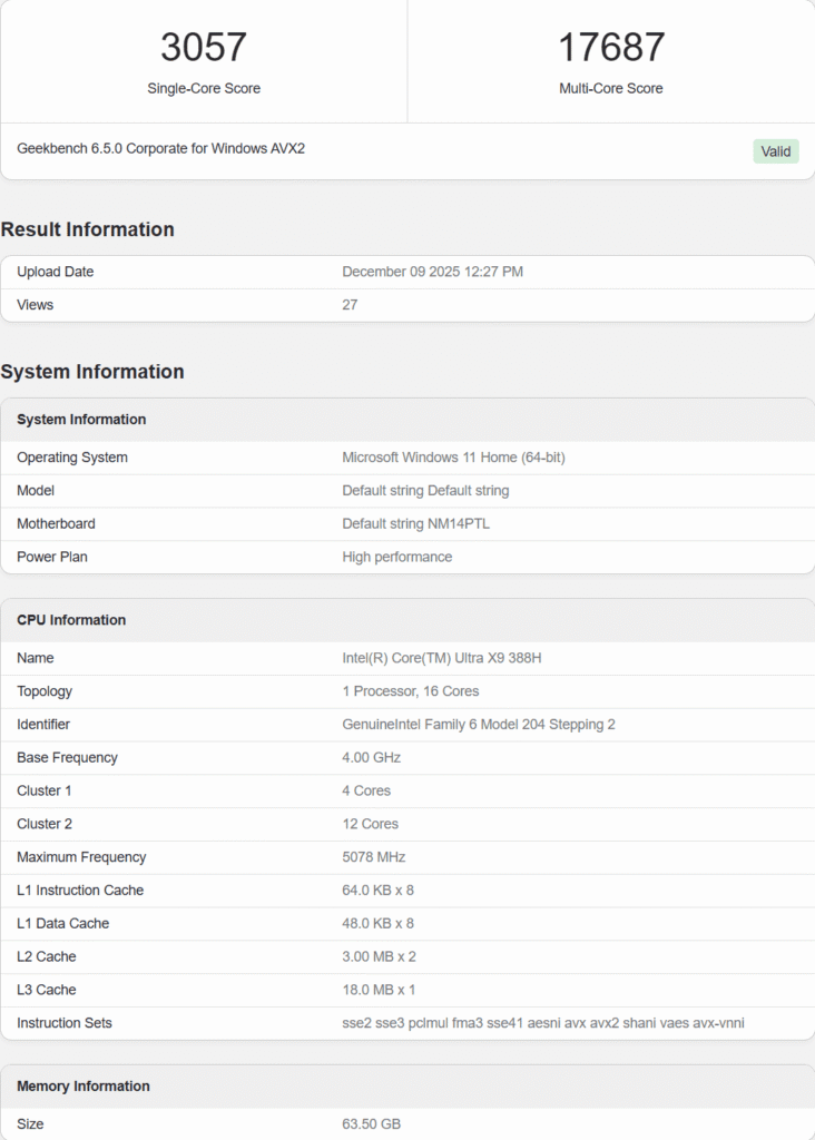 Teste Geekbench do Intel Core Ultra X9 388H