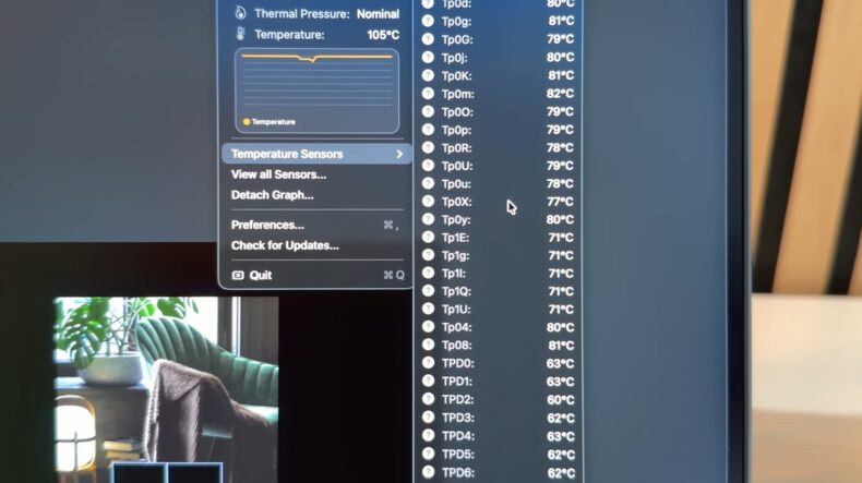 Temperaturas do M5 Max durante o teste multi-core do Cinebench 2024