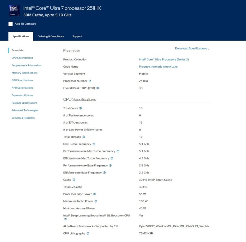 Intel Core Ultra 7 251HX especificações