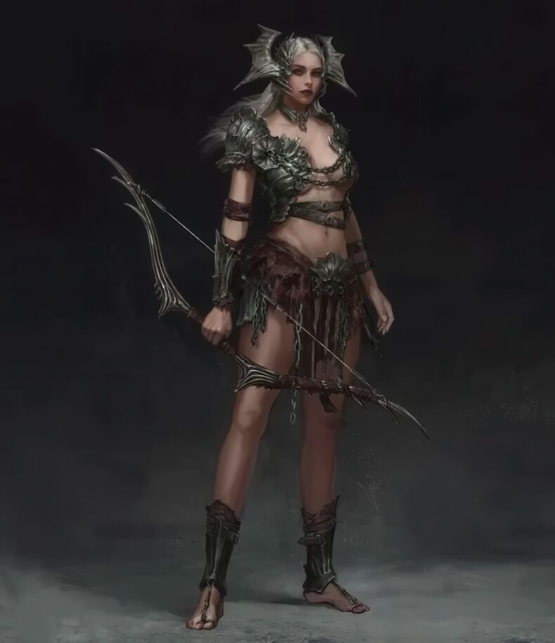 Uma personagem de fantasia, uma guerreira de cabelos prateados, vestindo uma armadura escura e ornamentada, e segurando um arco.