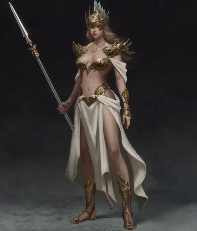 Uma obra de arte digital retratando uma guerreira com armadura dourada, segurando uma lança e vestindo um manto branco.