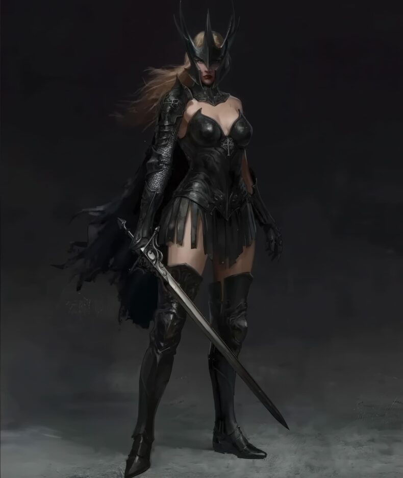 Uma guerreira com armadura escura, capacete com chifres e espada longa está de pé contra um fundo escuro.