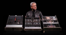 Jensen Huang da NVIDIA apresentando chips Blackwell e Rubin