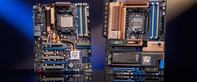 Imagem de: ASUS lança placa-mãe ROG Crosshair 2006 com visual retrô e plataforma AM5 em aniversário de 20 anos da ROG