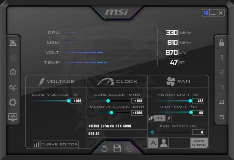 Painel do MSI Afterburner