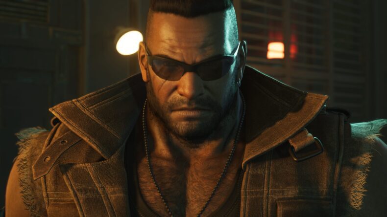 Um personagem de 'Final Fantasy VII Remake Intergrade' usando óculos escuros e uma jaqueta rústica.