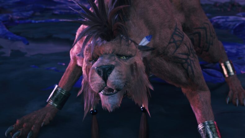 Um personagem parecido com um leão, com tatuagens tribais e pelos trançados, agacha-se de forma ameaçadora em um cenário sombrio e místico de videogame.