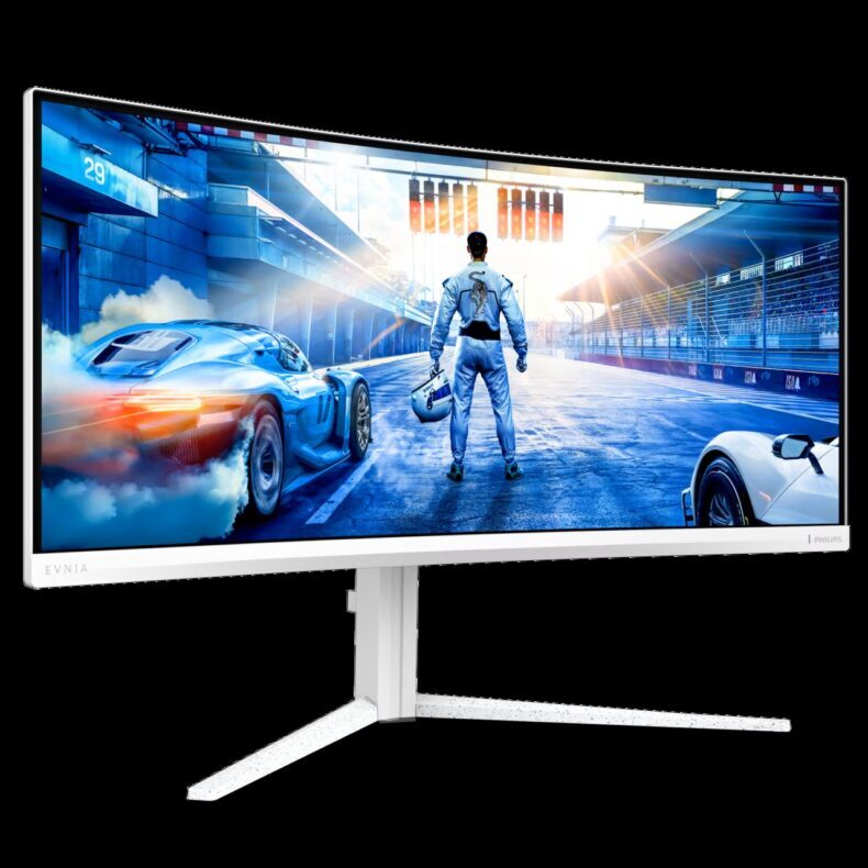 Um monitor gamer Philips Evnia exibindo uma cena de jogo de corrida com um piloto e carros esportivos em uma pista.