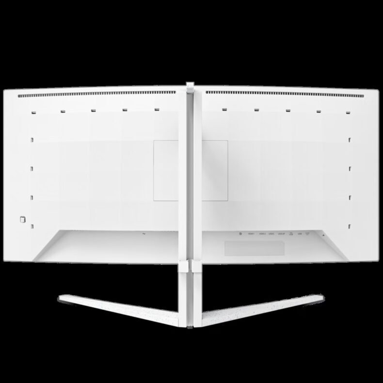 Vista traseira de um monitor branco Samsung Odyssey Neo G9 mostrando duas portas HDMI, hub USB e o design do suporte.