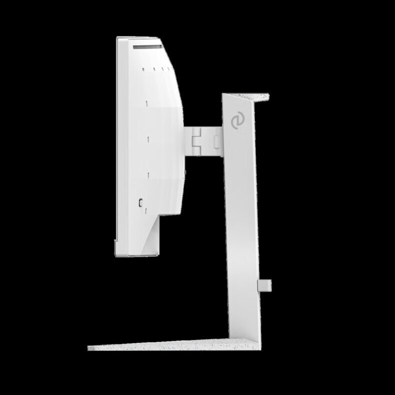 Vista lateral de um monitor gamer branco com um suporte elegante, joystick OSD na parte traseira e design levemente curvo.