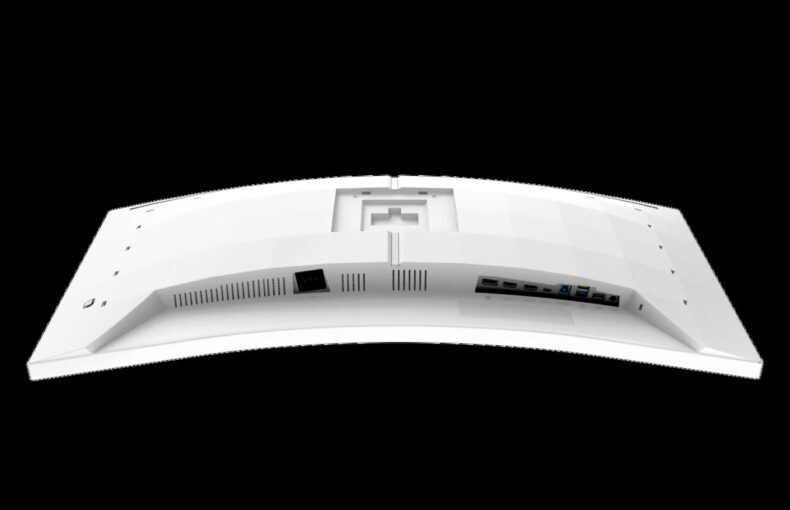 Vista traseira de um monitor curvo branco Alienware mostrando várias portas, incluindo HDMI e USB.